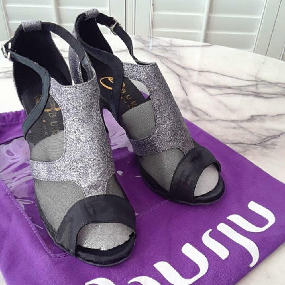 Burju Dance Shoes - size 4 Women 3 inch Black Satin Mesh and Silver Sparkles
